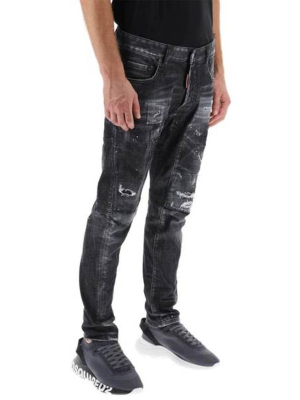NEW DSQUARED2 Men’s Sprayed Effect Distressed Skater Jeans – Black, Size 38 x 30